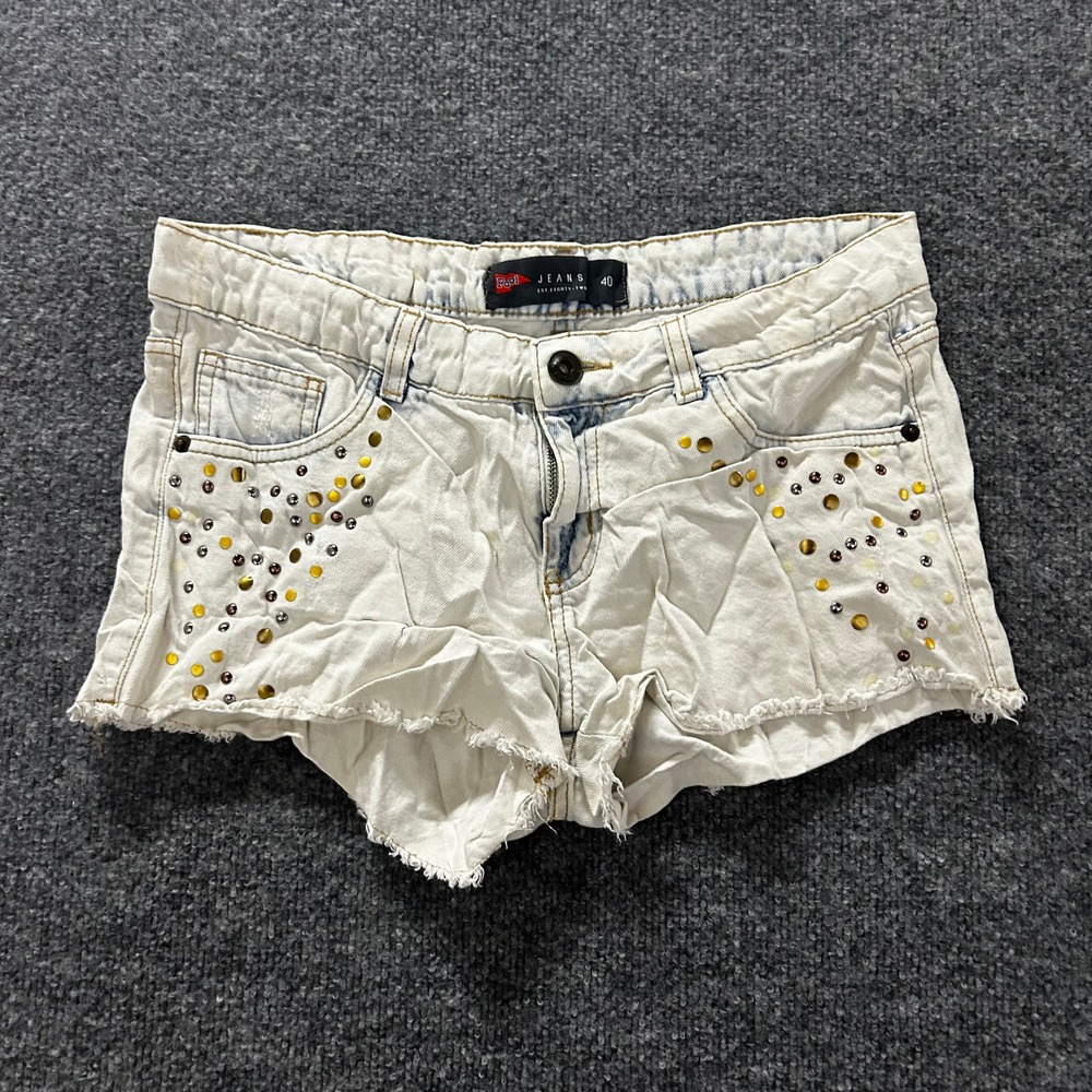 Pool Jeans Denim Shorts Womens Size 40 Light Wash Studded Raw Hem Festival